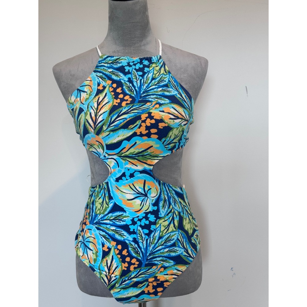 Aerie Real Good Tropical Cutout One Piece Swimsuit Blue Floral Halter Medium NWT